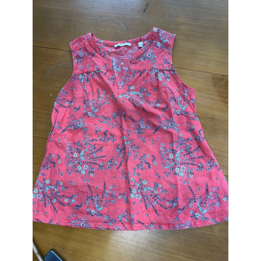 Esprit Womens Coral Red Floral Linen Blend Sleeveless V-Neck Blouse Size M
